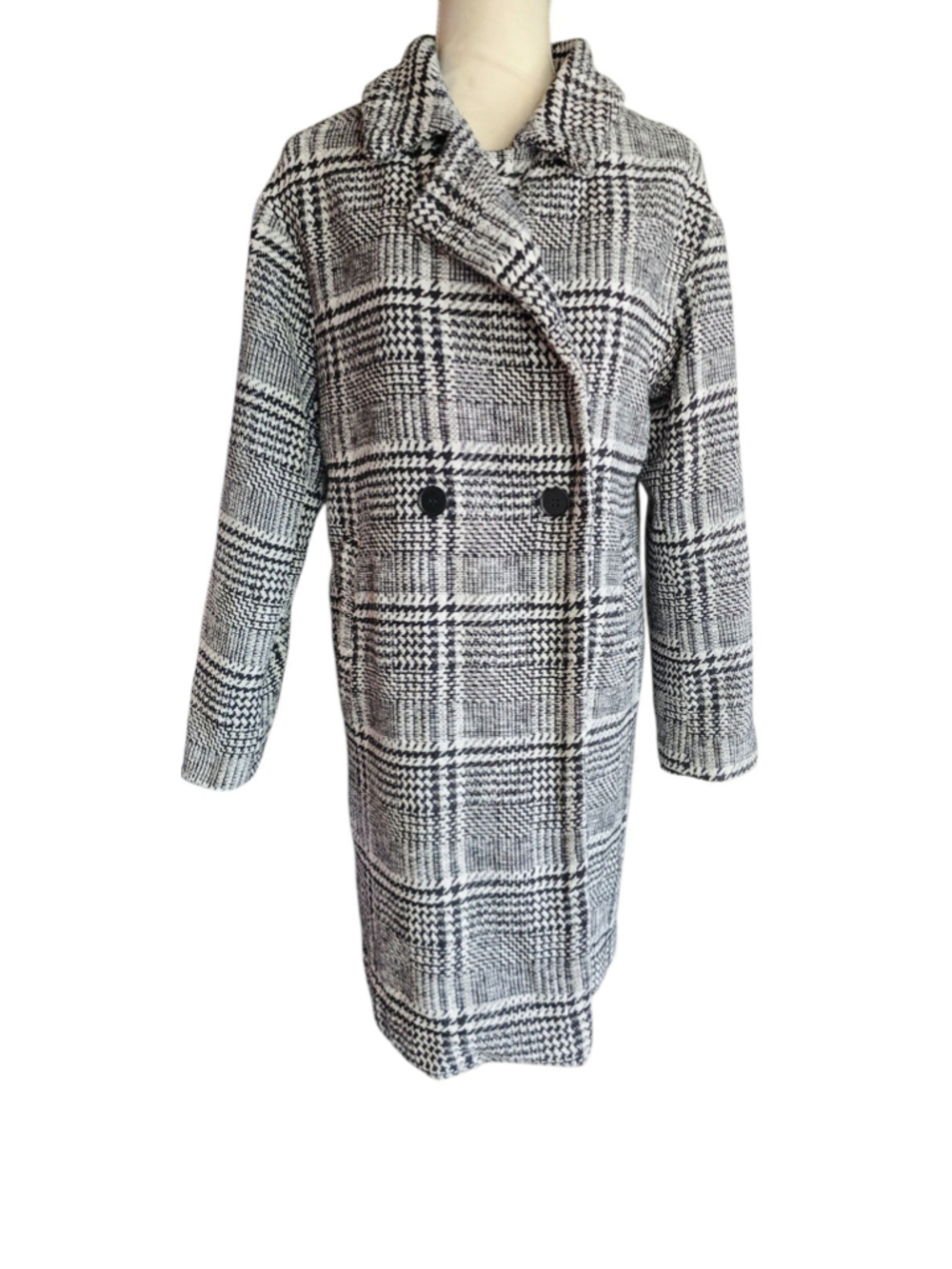Nasty Gal Collection L Black White Plaid Double Breasted Coat Oversized Longline - Picture 6 of 13